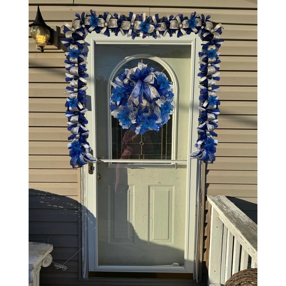 Blue and Silver Wreath & Christmas Garland Holiday Home Decor, Front Door Hanger - Picture 4 of 11